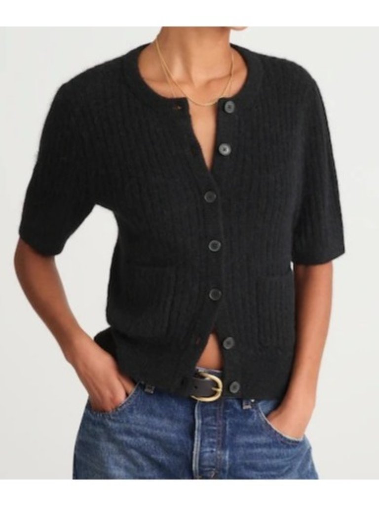 Madewell Patch-Pocket Puff-Sleeve Cardigan~Size S~True Black Sweater Nwt L7 27